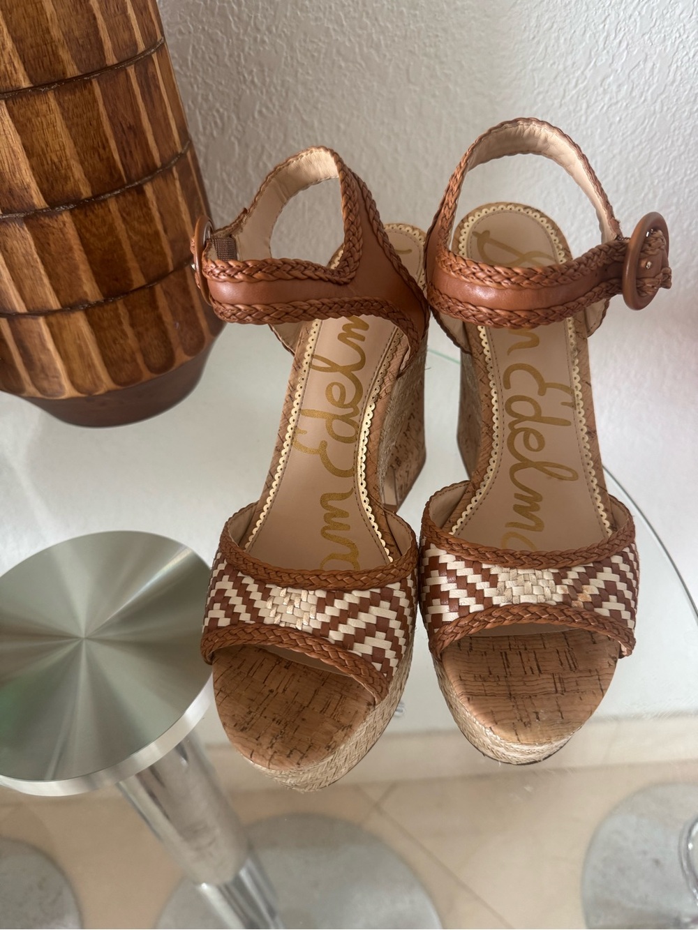 Sam Edelman Tan and Cream Woven Cork Wedge Sandals